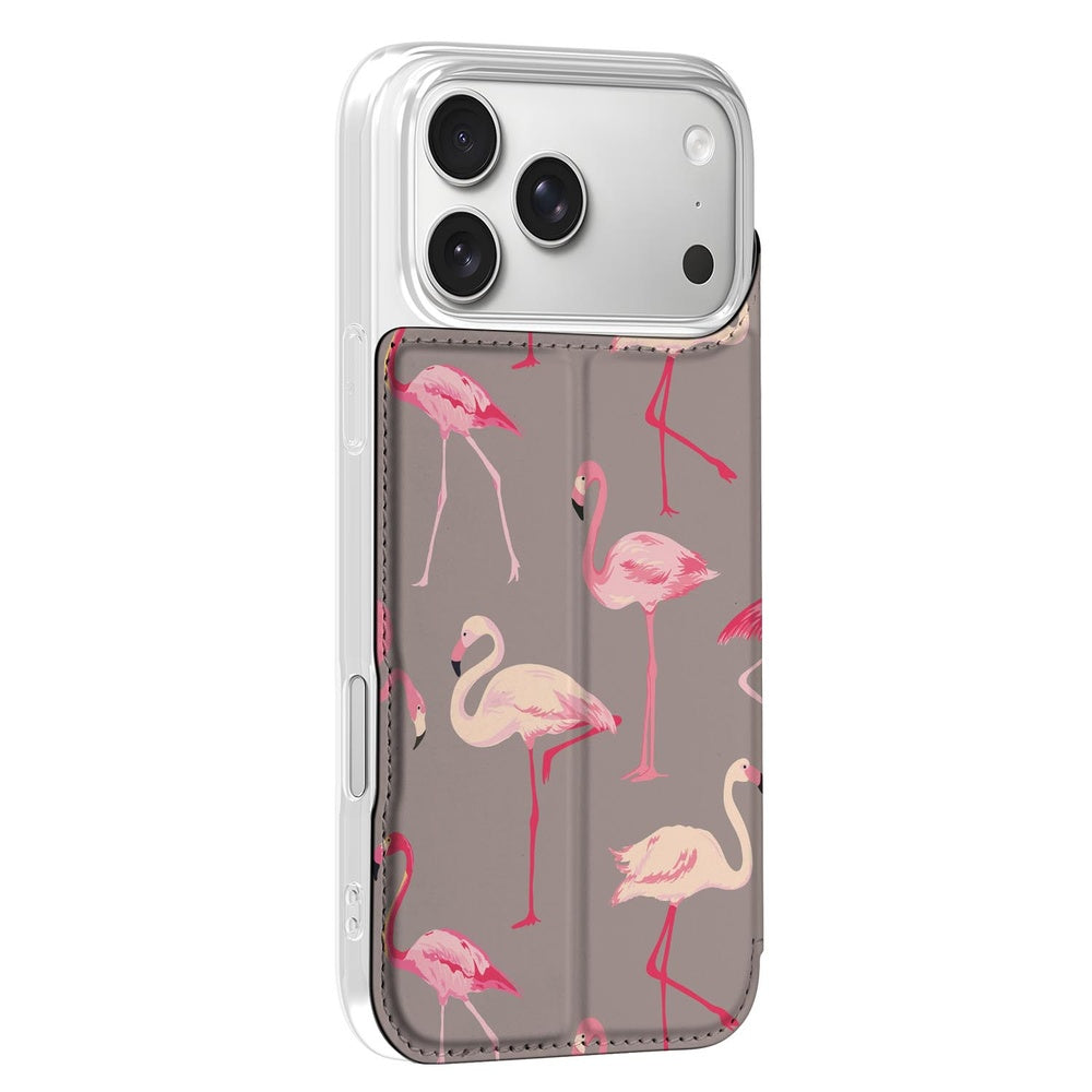Apple iPhone 17 Pro Max Flamingo Book Case roze flamingo's taupe-grijs aanzicht