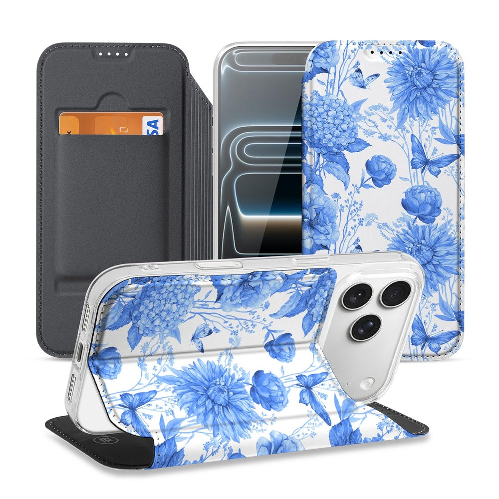 Apple iPhone 17 Pro Max Flowers Blue hoesje met bloemen design aanzicht