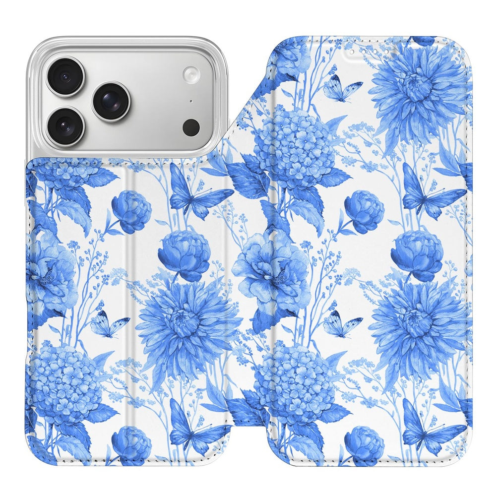 Apple iPhone 18 Pro Max Flowers Blue standcase bloemen blauw aanzicht