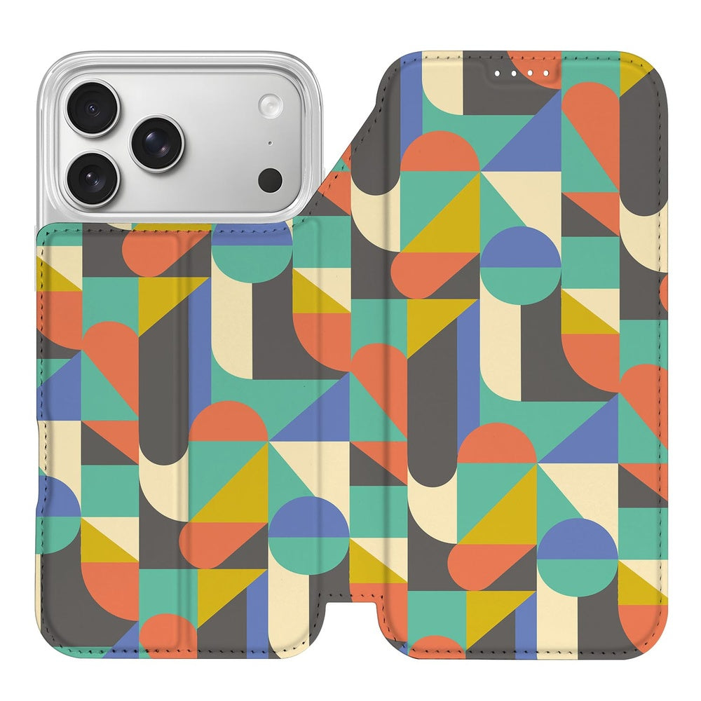 Apple iPhone 17 Pro Max Funky Retro book case design kleurrijk geometric patroon aanzicht