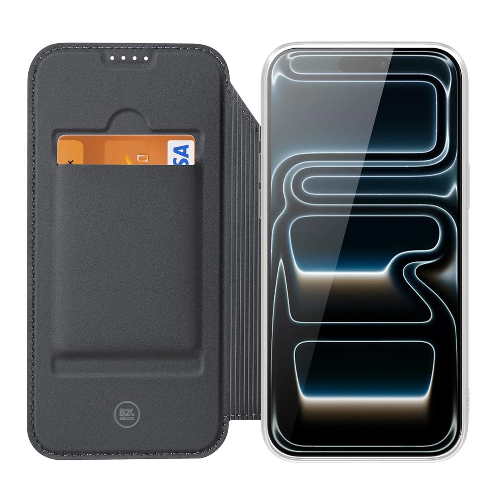 Telefoonhoesje iPhone 17 Pro Max Geruit Rood Book Case zwart aanzicht