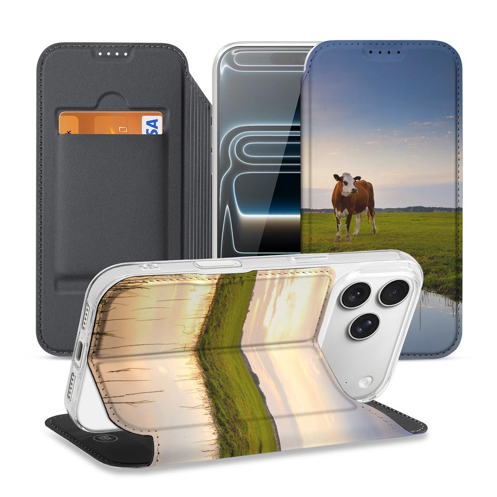 Telefoonhoesje Apple iPhone 17 Pro Max Koe book case koe zonsondergang design aanzicht