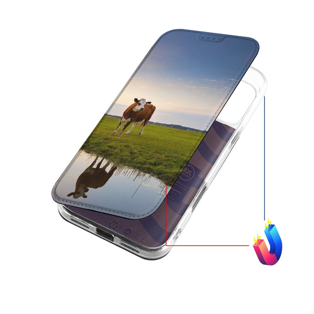Telefoonhoesje Apple iPhone 17 Pro Max Koe boek hoesje koe zonsondergang design aanzicht