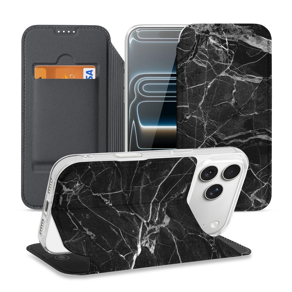 Flip Style Cover Wallet Case Marmer Zwart boekcase zwart marmer design aanzicht