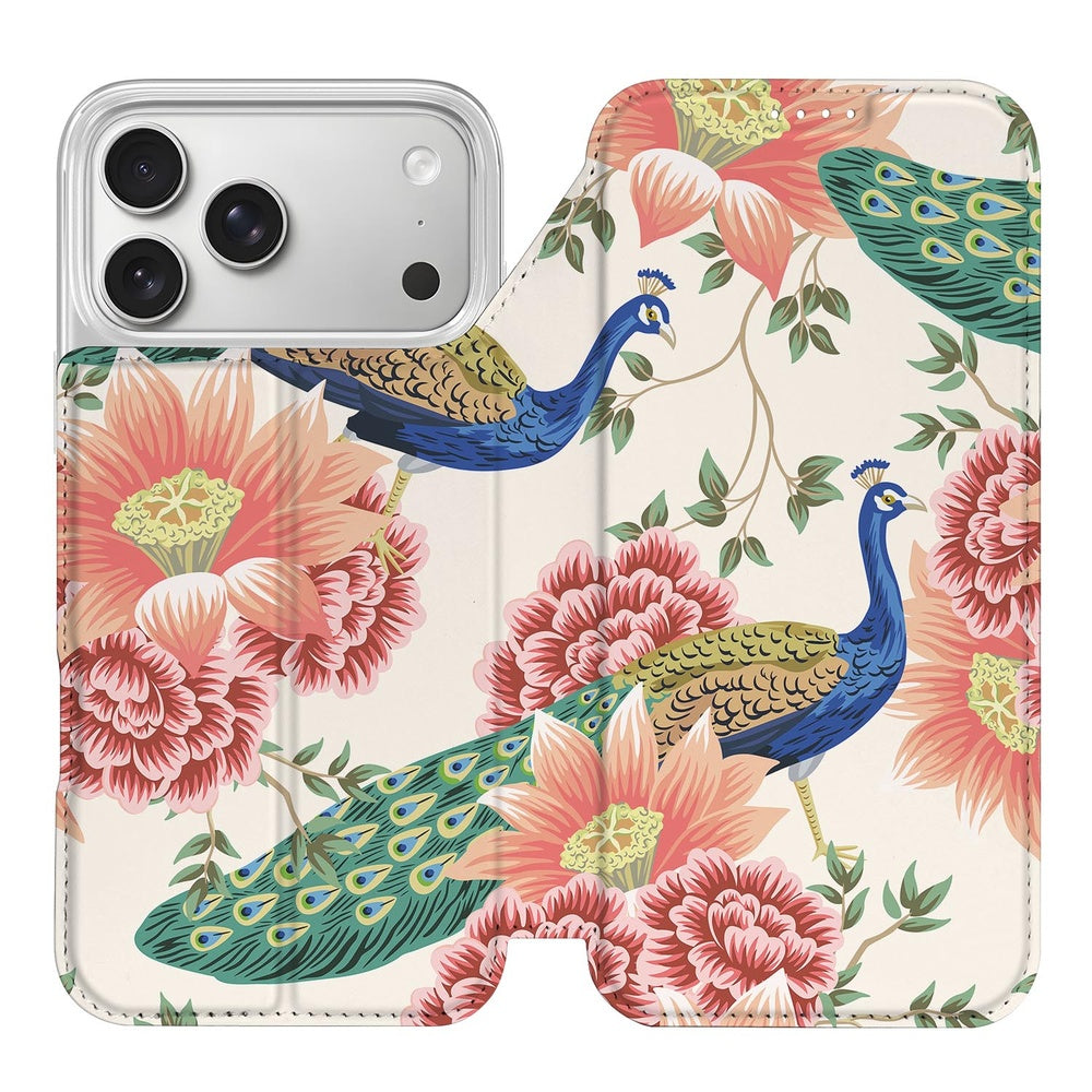 Bookcase iPhone 17 Pro Max Pink Peacock design bloemen zijaanzicht