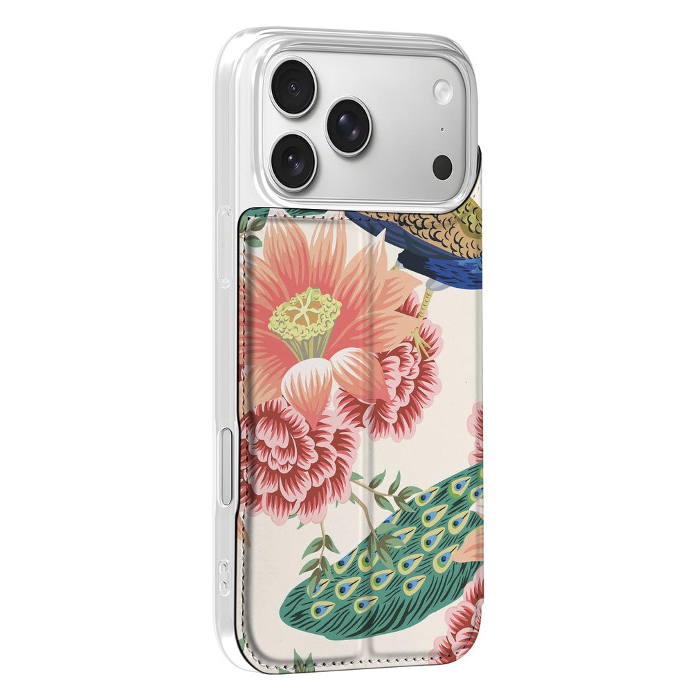 Bookcase iPhone 17 Pro Max Pink Peacock design achterkant bloemen kleur