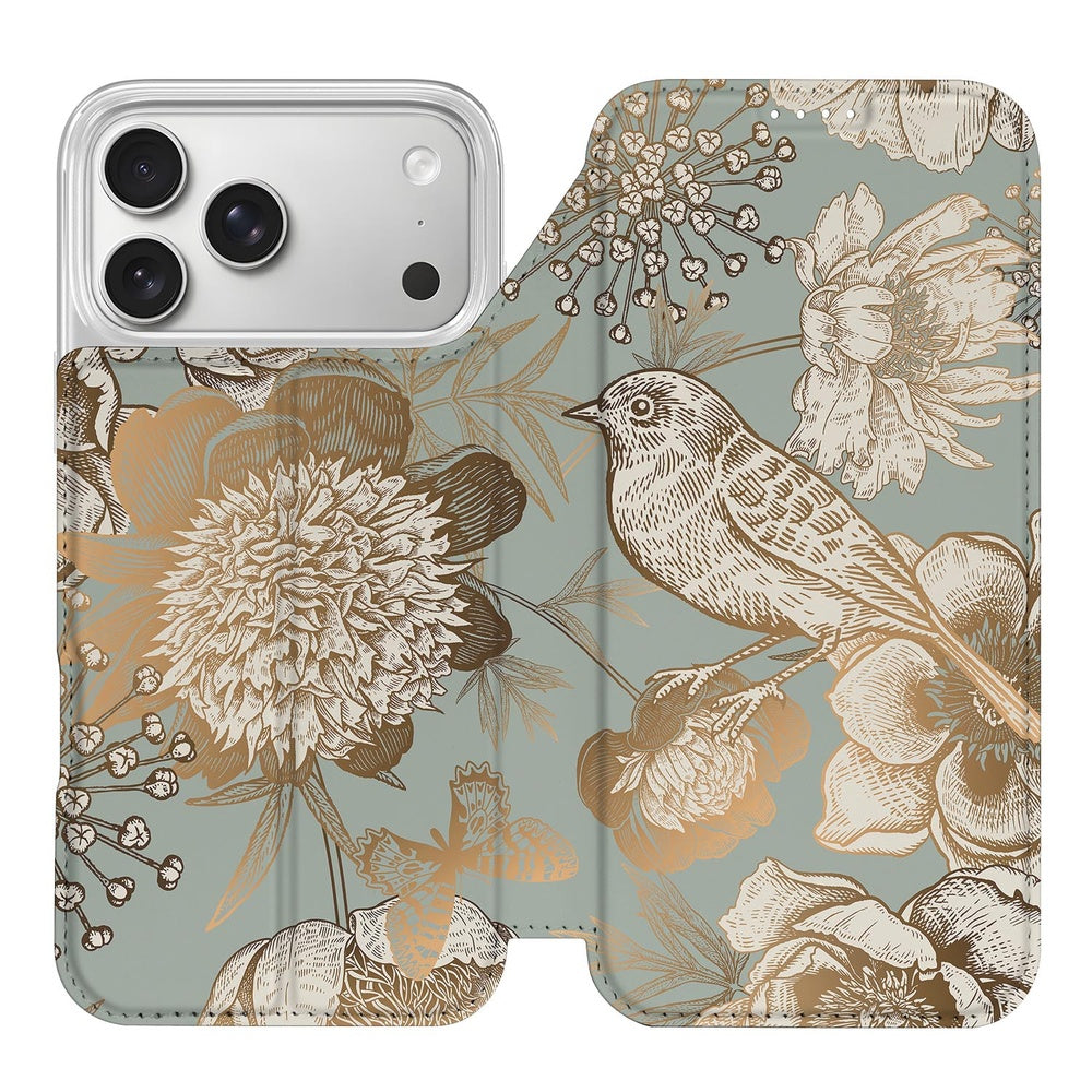 Apple iPhone 17 Pro Max Book Case Vintage Bird Flowers open aanzicht