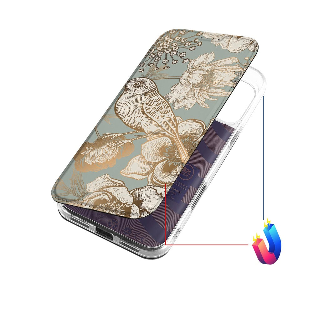 Apple iPhone 17 Pro Max Book Case Vintage Bird Flowers open aanzicht