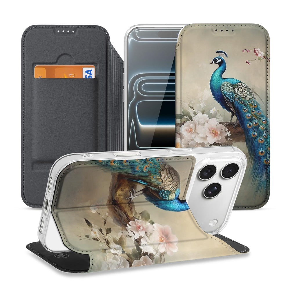 Apple iPhone 17 Pro Max Book Cover Vintage Pauwen open aanzicht achterkant aanzicht voorkant aanzicht