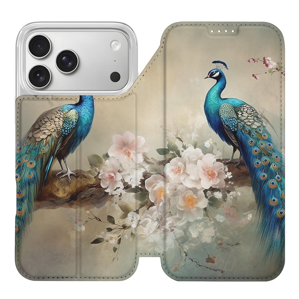 Apple iPhone 17 Pro Max Book Cover Vintage Pauwen open aanzicht voorkant