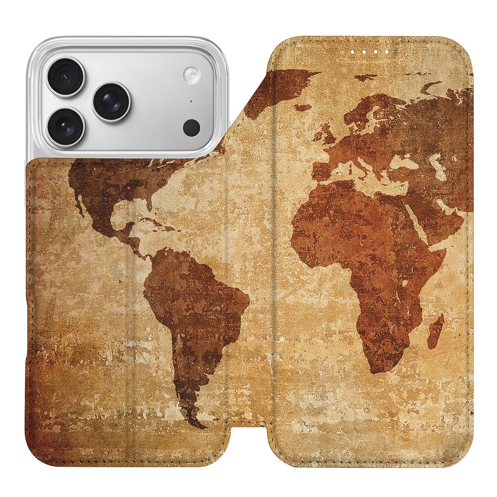 Apple iPhone 17 Pro Max Book Case Wereldkaart boekhoes antieke wereldkaart voorkant