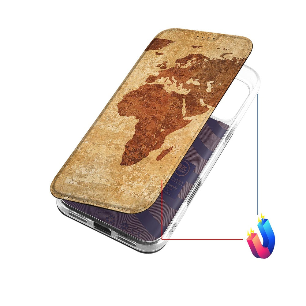 Apple iPhone 17 Pro Max Book Case Wereldkaart boekhoes antieke wereldkaart print bovenaanzicht