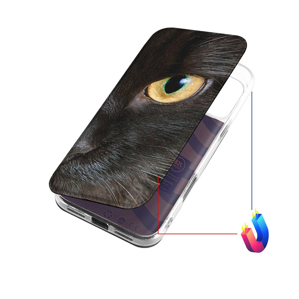 iPhone 17 Pro Max Book Wallet Case Zwarte Kat zwart kat oog aanzicht