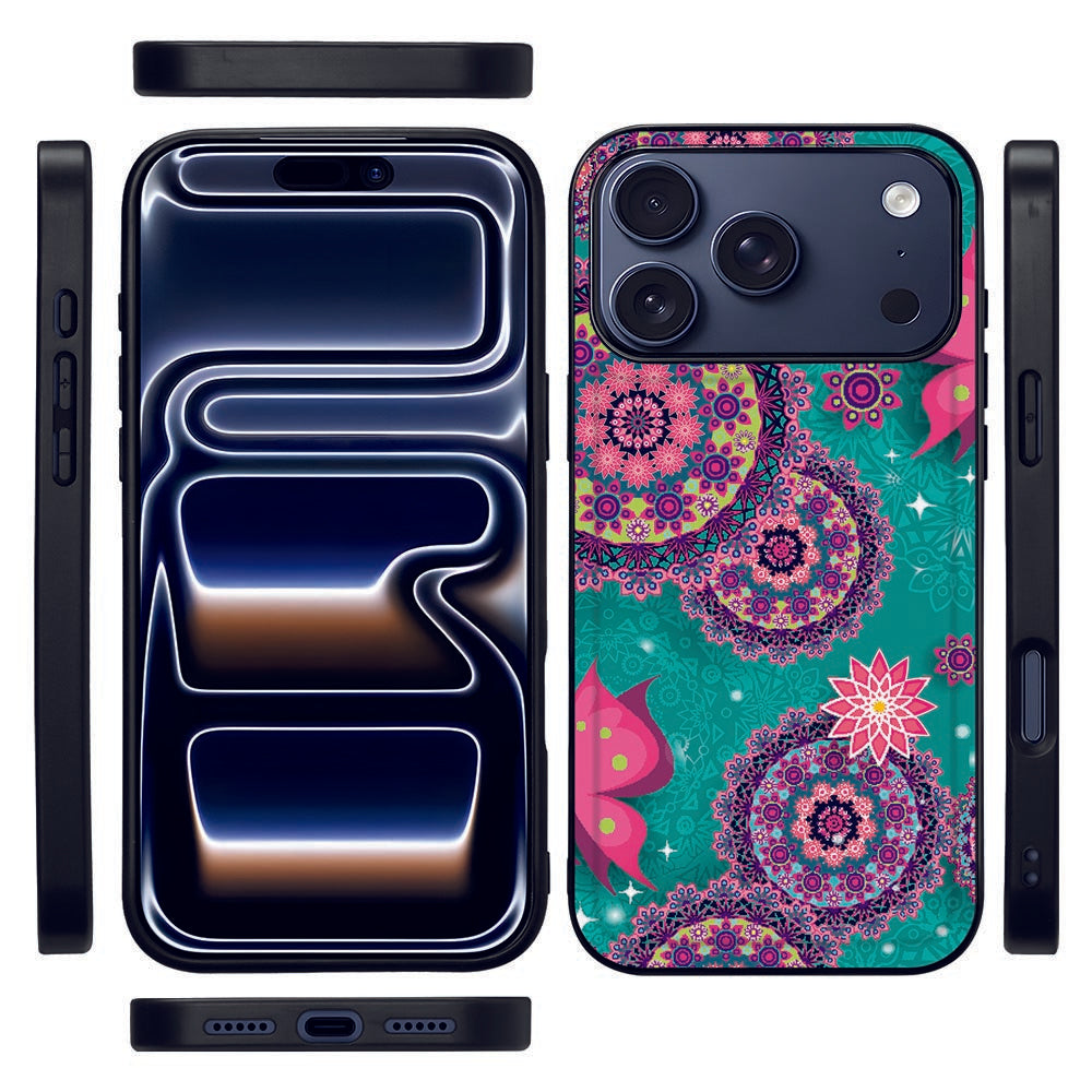 Backcover Hoesje Apple iPhone 17 Pro Cirkels En Vlinders design kleurrijke bloemen en cirkels aanzicht