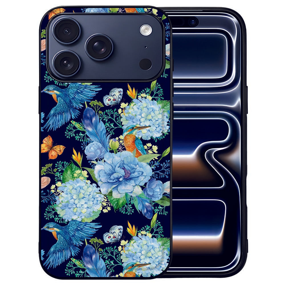 iPhone 17 Pro Back Cover Ijsvogel bloemen natuur design donkerblauw achterzijde
