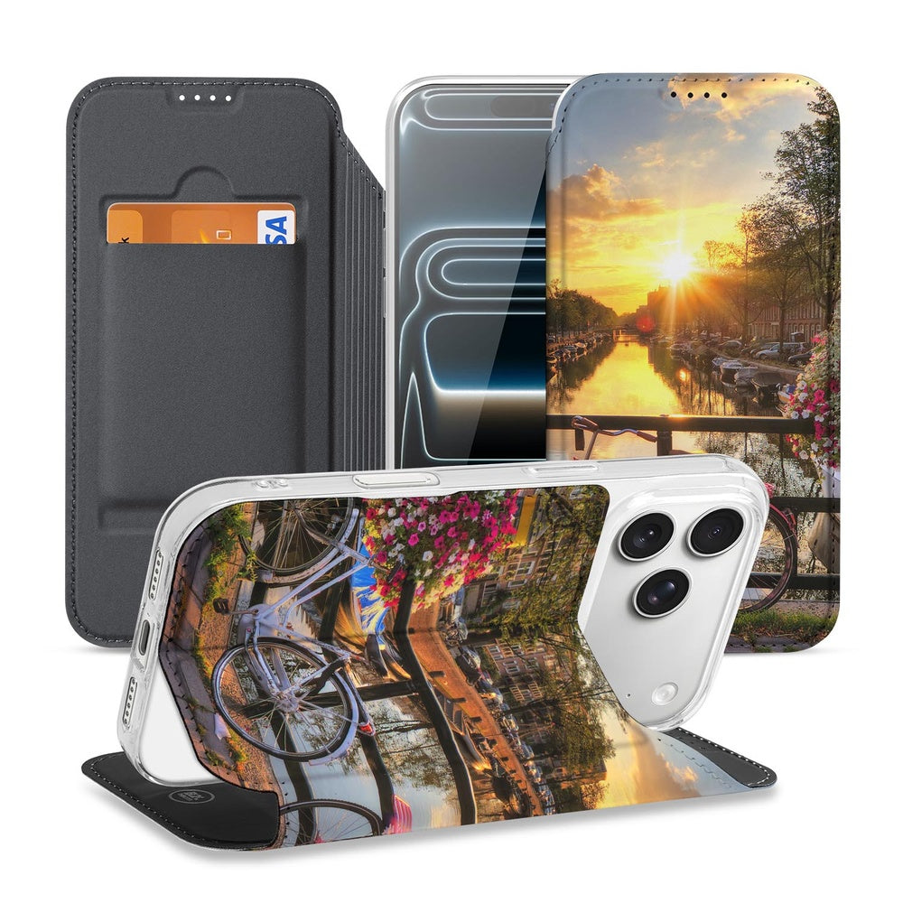 Apple iPhone 17 Pro Book Cover Amsterdamse Grachten boekcover zonsondergang grachten fietsen