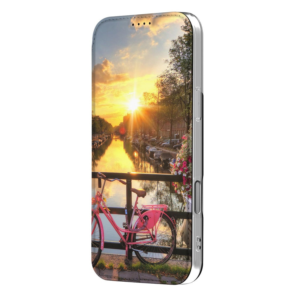 Apple iPhone 17 Pro Book Cover Amsterdamse Grachten design fiets zonsondergang aanzicht