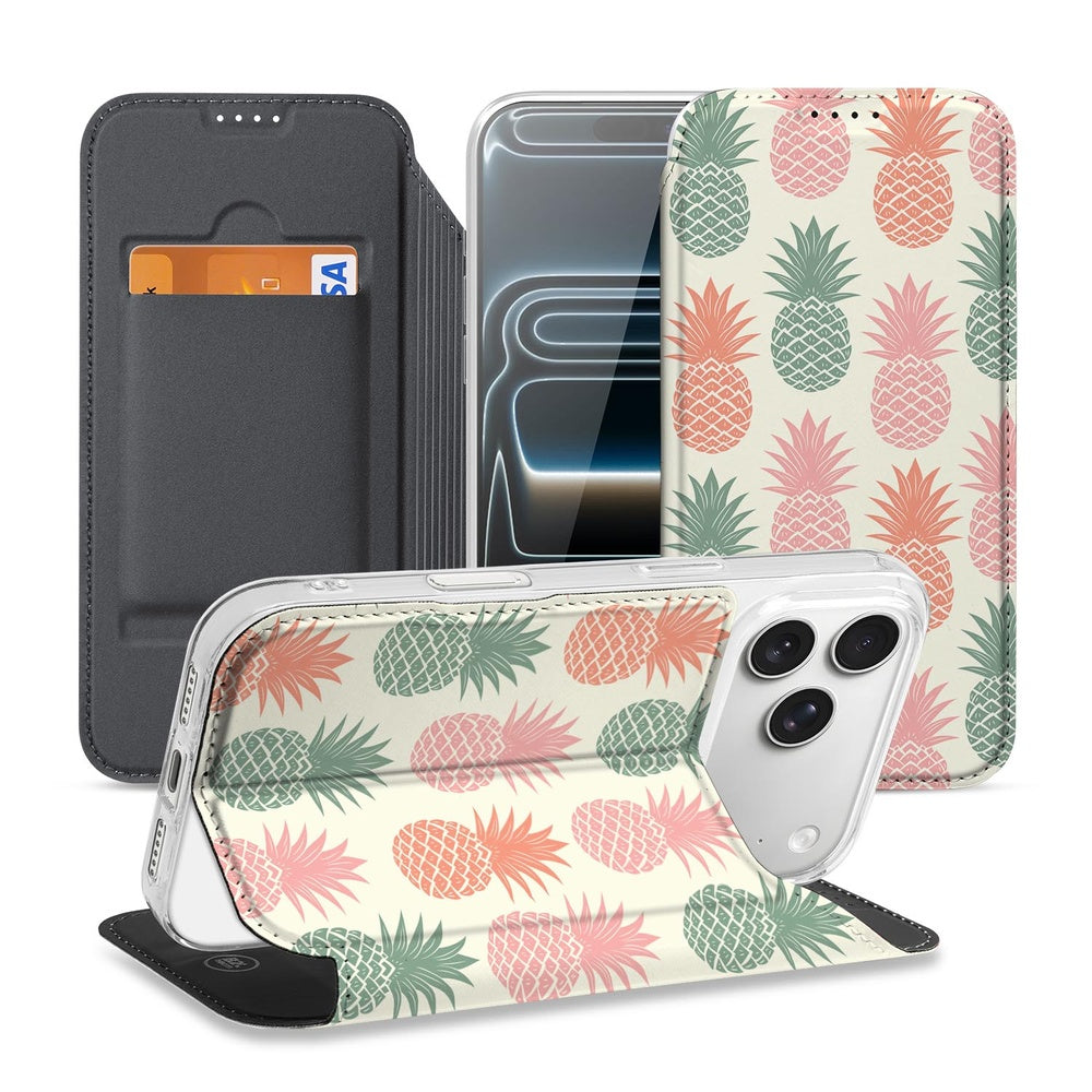 Apple iPhone 17 Pro Bookcase Ananas hoesje ananas design voorkant achterzijde