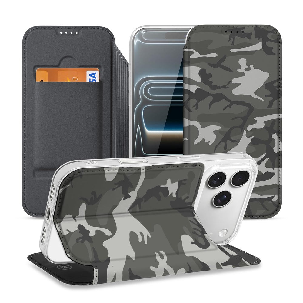 iPhone 17 Pro Book Wallet Case Army Light camouflage design front back standfunctie