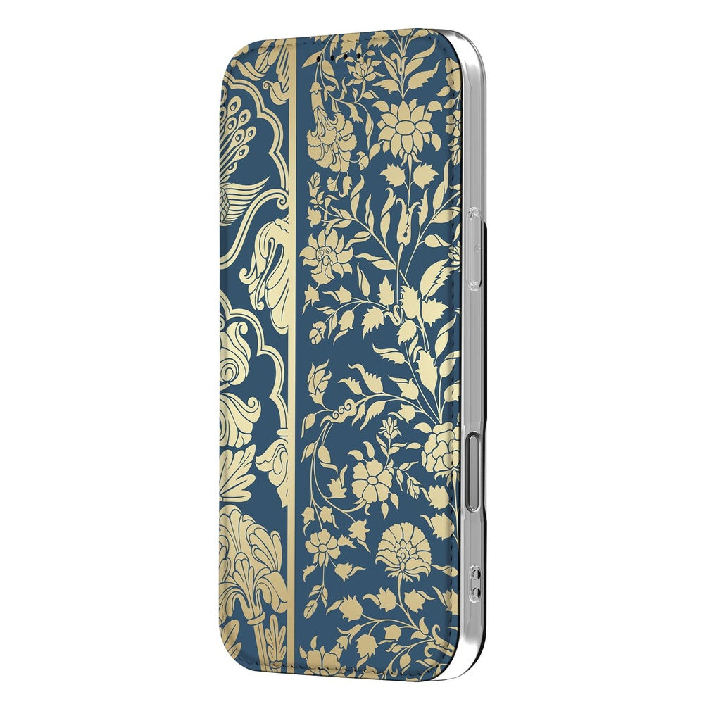 iPhone 17 Pro Book Case Beige Flowers boek hoes donkerblauw beige bloemen zijaanzicht