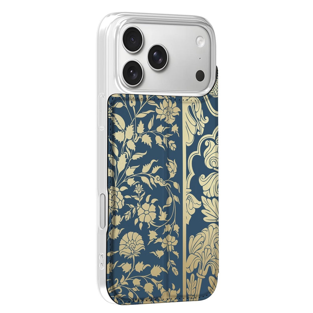 iPhone 17 Pro Book Case Beige Flowers boek hoes donkerblauwe achtergrond beige bloemen