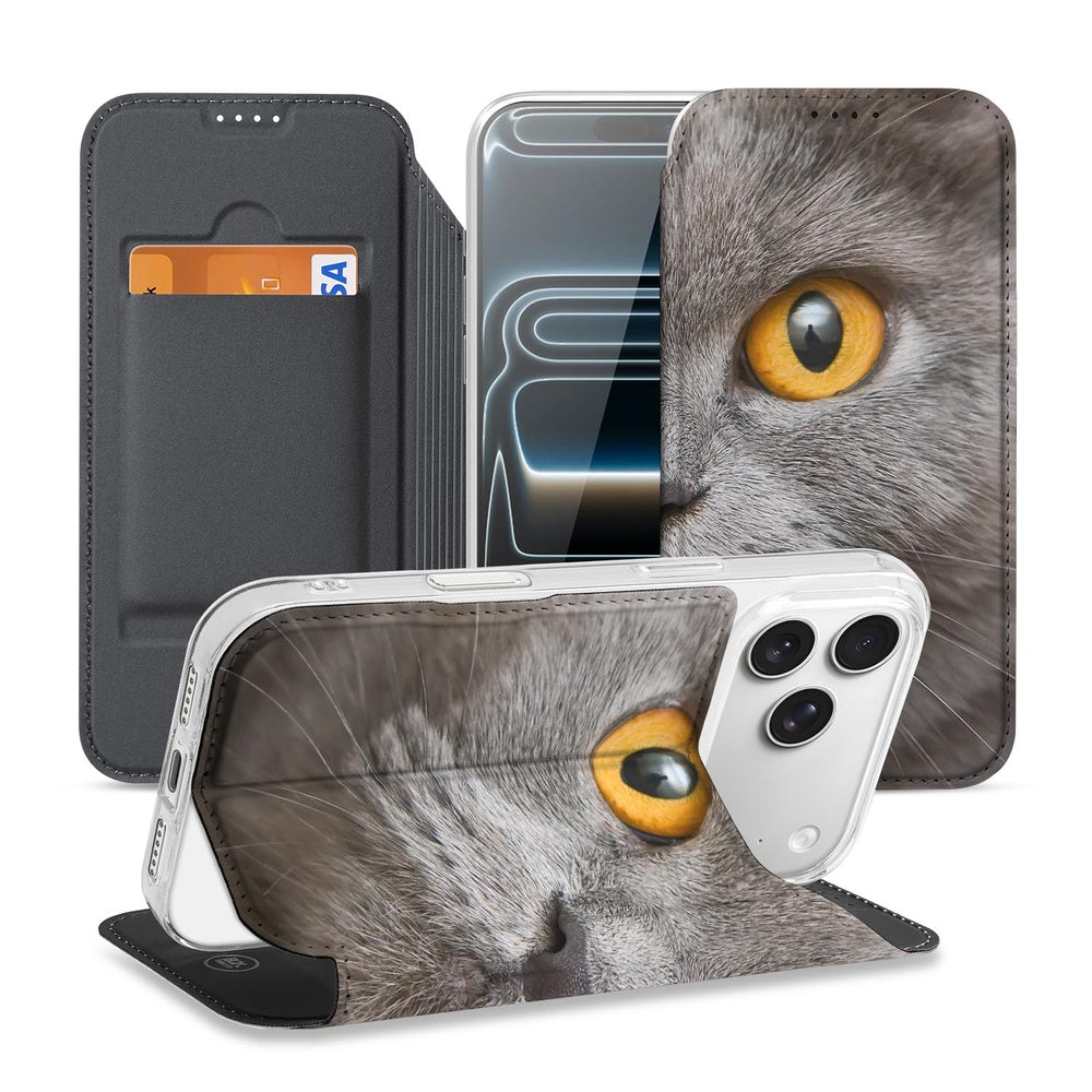 Apple iPhone 17 Pro Book Case Britse Korthaar bookcase katten detail grijs goud