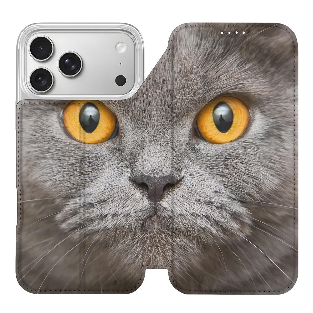 Apple iPhone 17 Pro Book Case Britse Korthaar katten gezicht voorkant