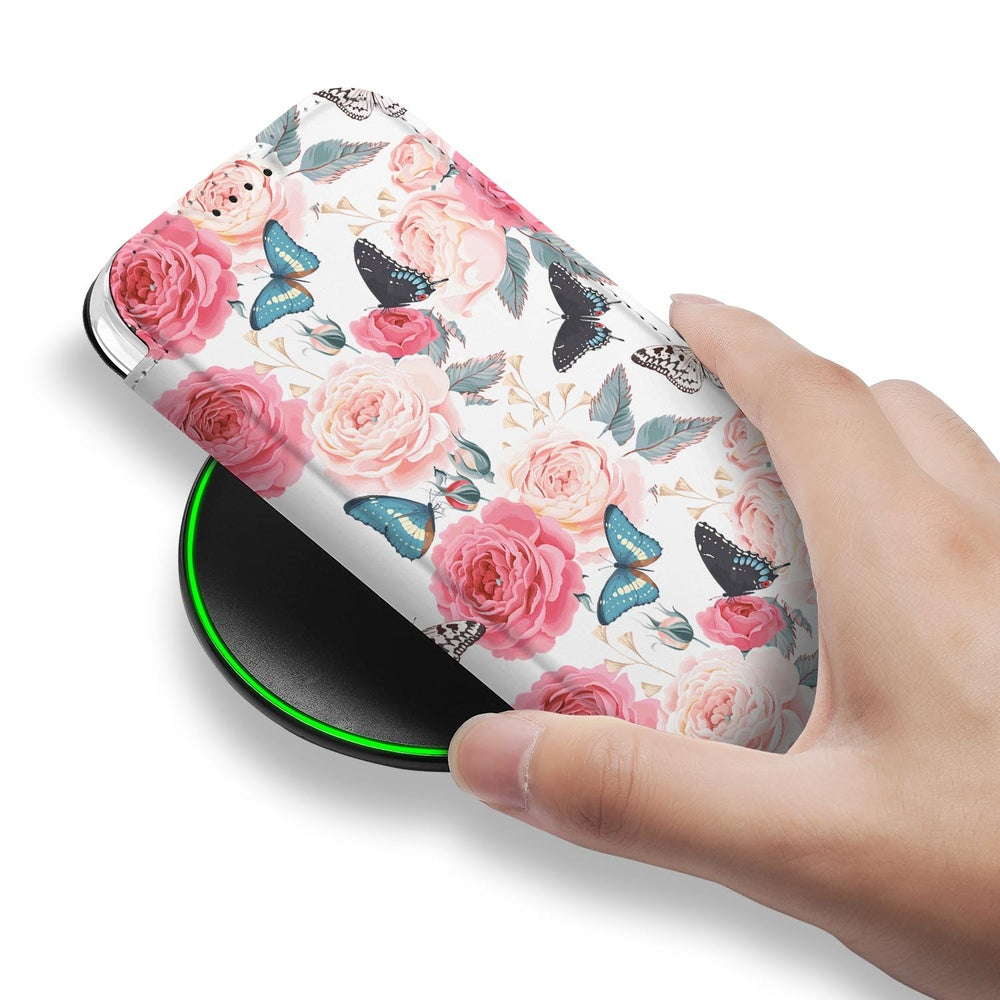 Apple iPhone 17 Pro Book Case Butterfly Roses bloem motief hand aanzicht