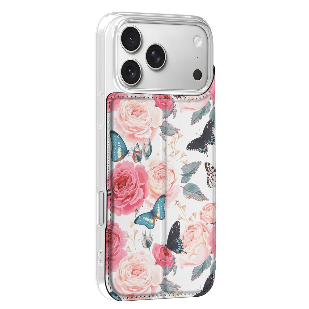 Apple iPhone 17 Pro Book Case Butterfly Roses boek hoes met rozen en vlinders zijkant