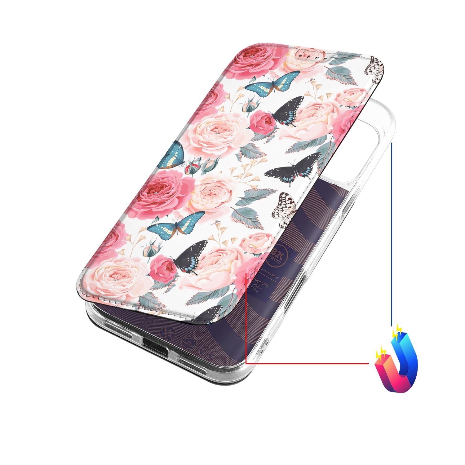 Apple iPhone 17 Pro Book Case Butterfly Roses boekhoes bloemen vlinders bovenaanzicht