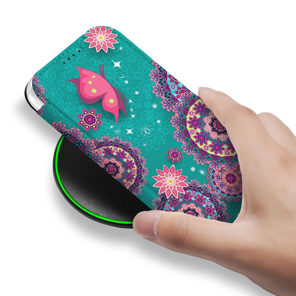 Apple iPhone 17 Pro Book Cover Cirkels en Vlinders design hand boven wireless lader