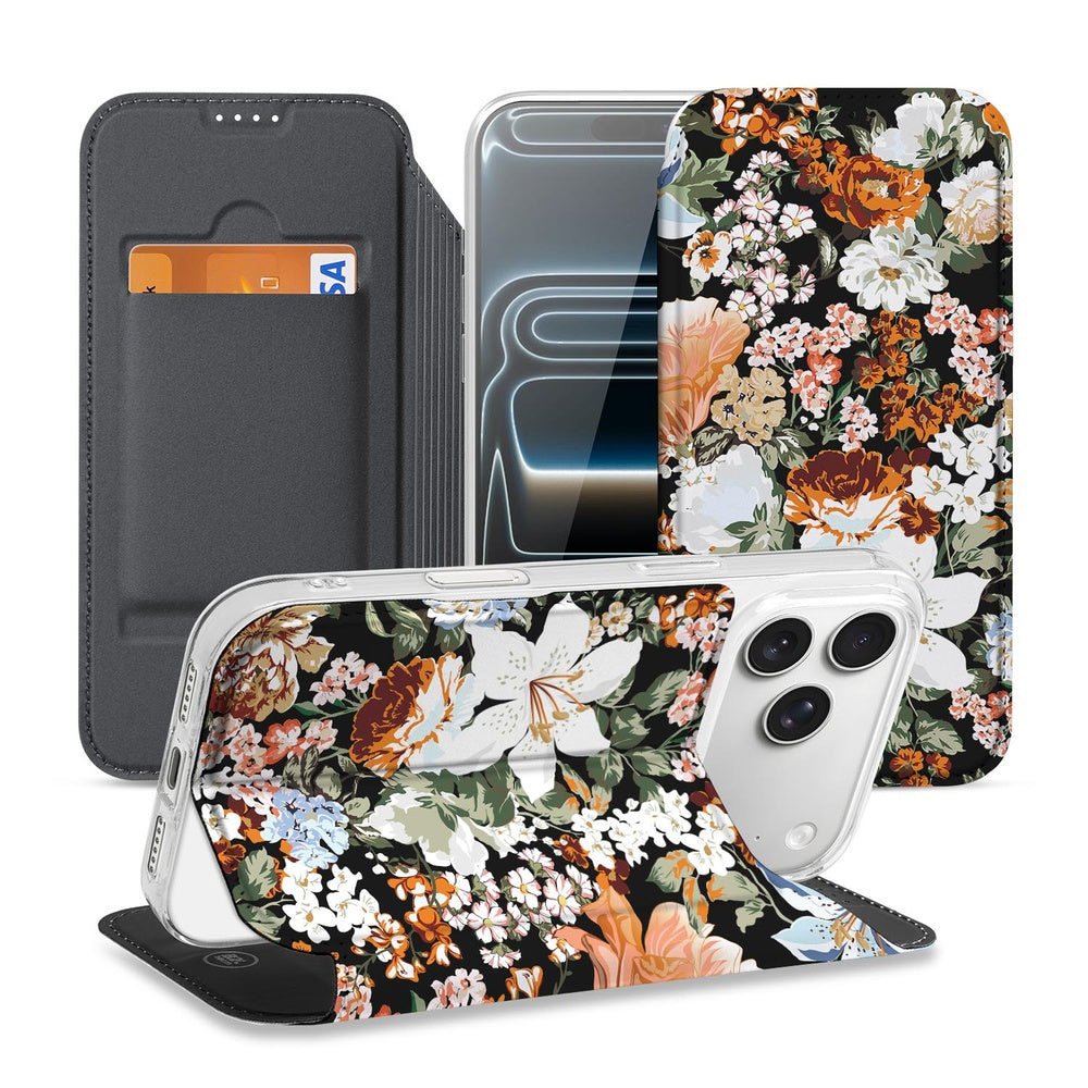 iPhone 17 Pro Bookcase Dark Flowers hoesje bloemen design voorzijde