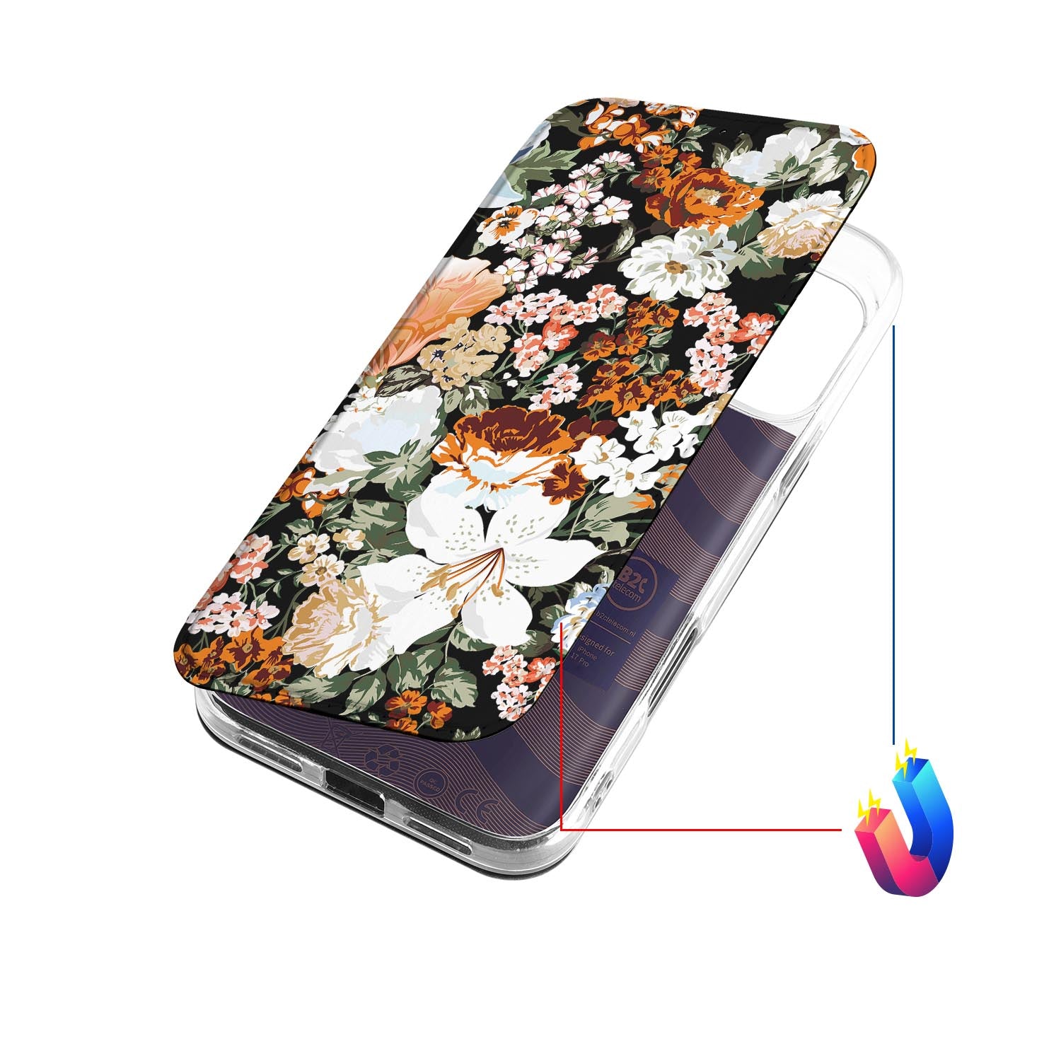 iPhone 17 Pro Bookcase Dark Flowers hoesje bloemendesign bovenaanzicht