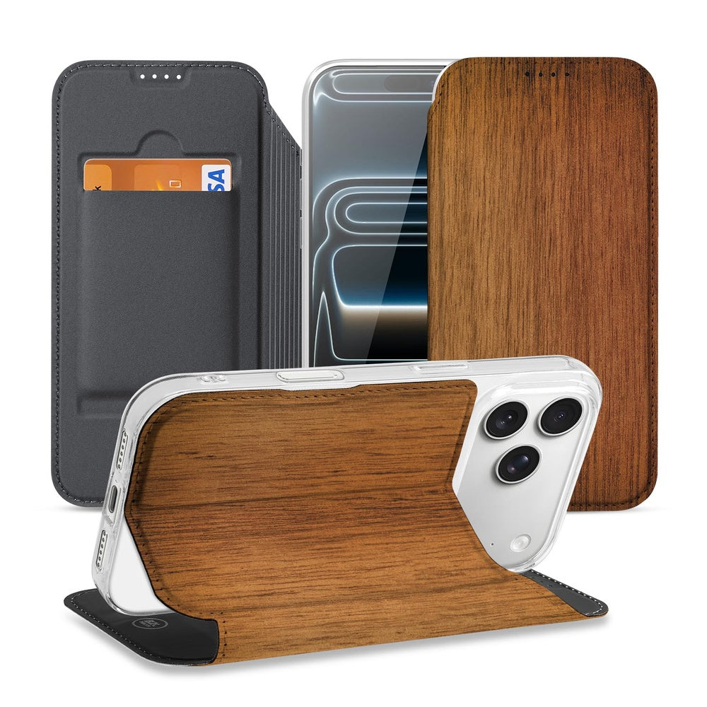 Apple iPhone 17 Pro Book Wallet Case Donker Hout donker hout design voorzijde achterzijde