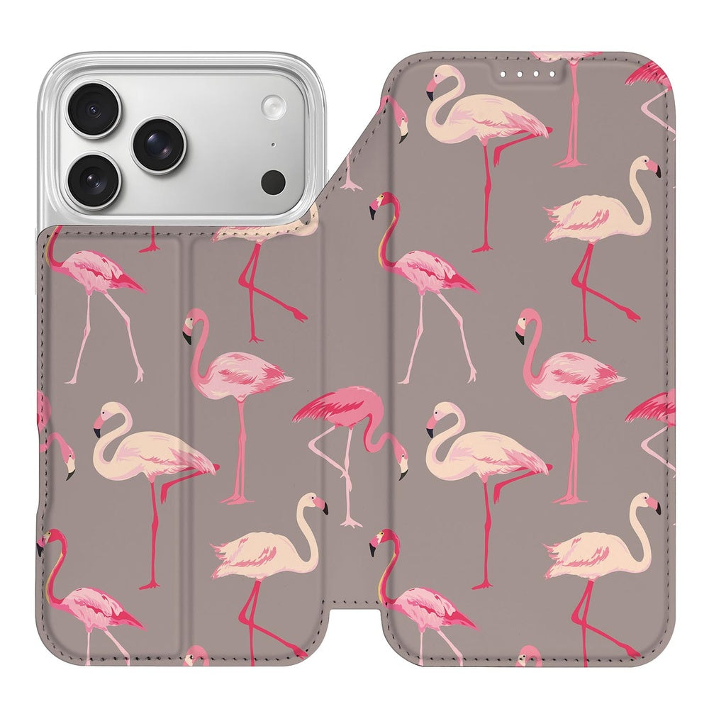 Apple iPhone 17 Pro Flip Style Cover Flamingo flamingo hoesje taupe roze print