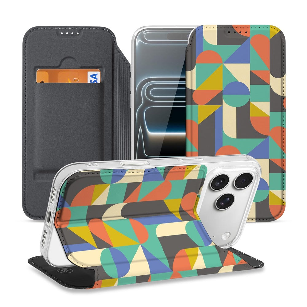 Apple iPhone 17 Pro Book Case Funky Retro achter en voorkant kleurrijk patroon