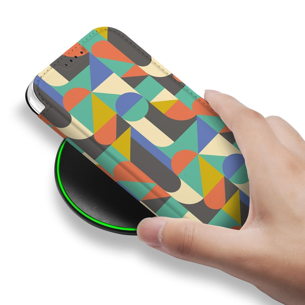 Apple iPhone 17 Pro Book Case Funky Retro design kleurrijk hand aanzicht