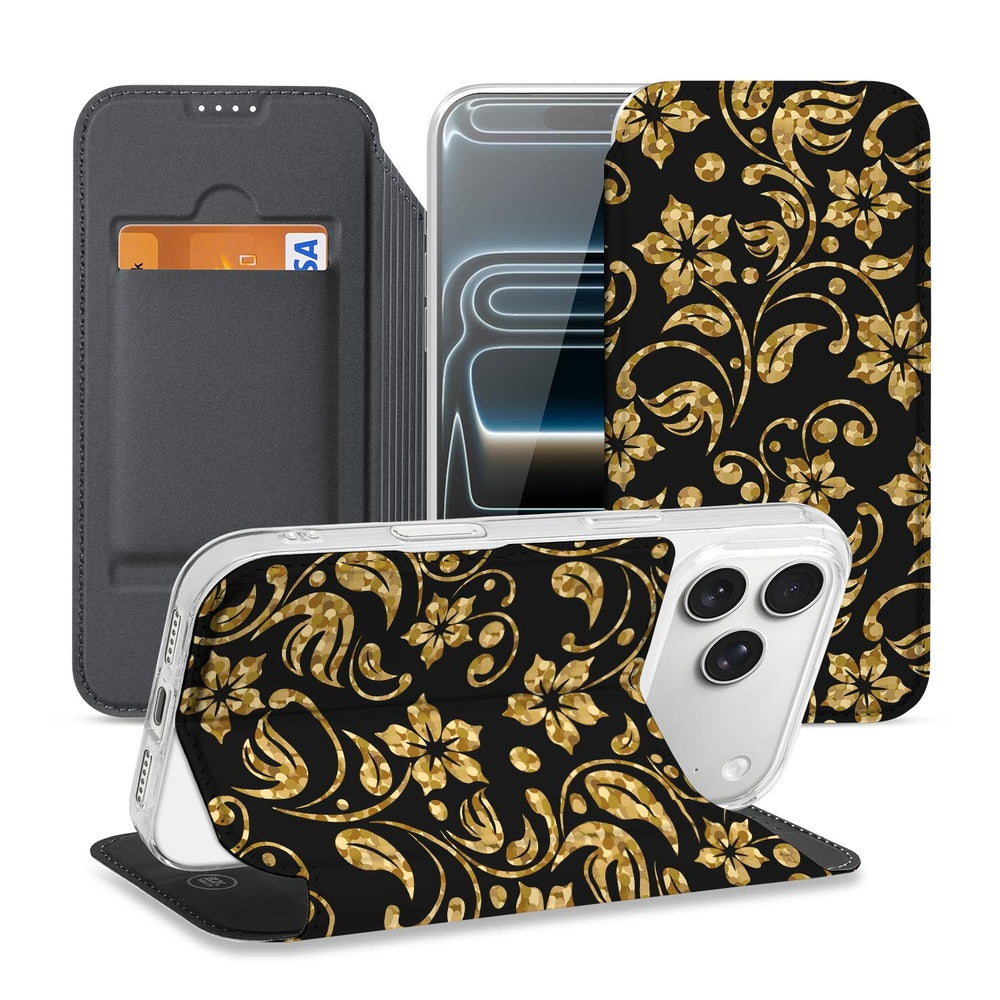 Book Case Apple iPhone 17 Pro Gouden Bloemen design gouden bloemen aanzicht