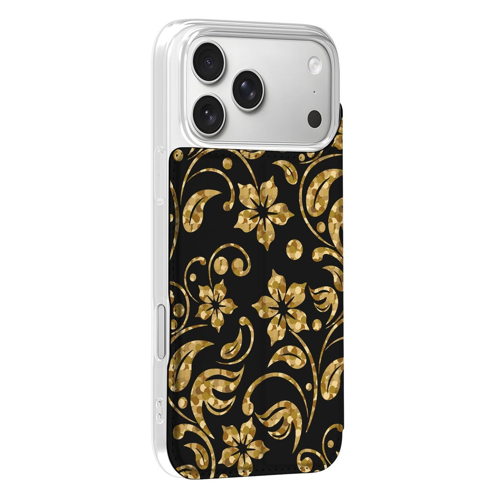 Book Case Apple iPhone 17 Pro Gouden Bloemen zwarte achtergrond gouden bloemen design zijkant
