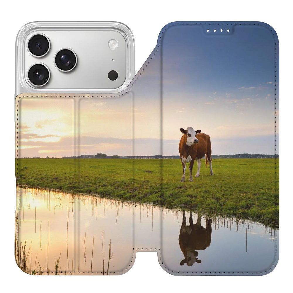 Book Wallet Case Apple iPhone 17 Pro Koe koe ondergaande zon design voorkant