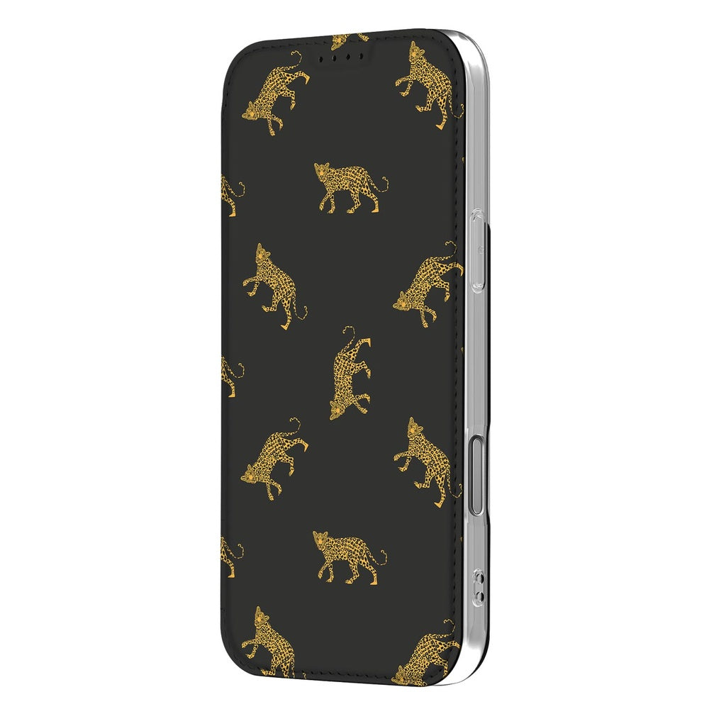 Book Wallet Case Apple iPhone 17 Pro Leopards leopardenprint hoesje zwart aanzicht