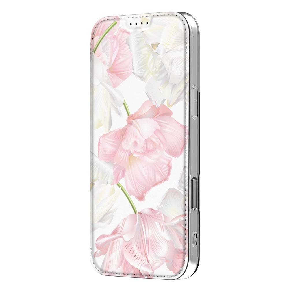 Book Wallet Case iPhone 17 Pro Lovely Flowers bloemen roze wit zijkant