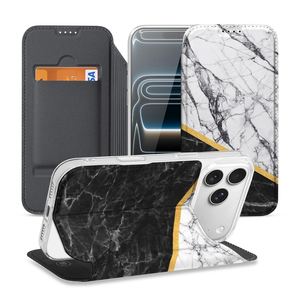 Apple iPhone 17 Pro Book Case Apple iPhone 17 Pro Marble White Black design marmer tegenlicht