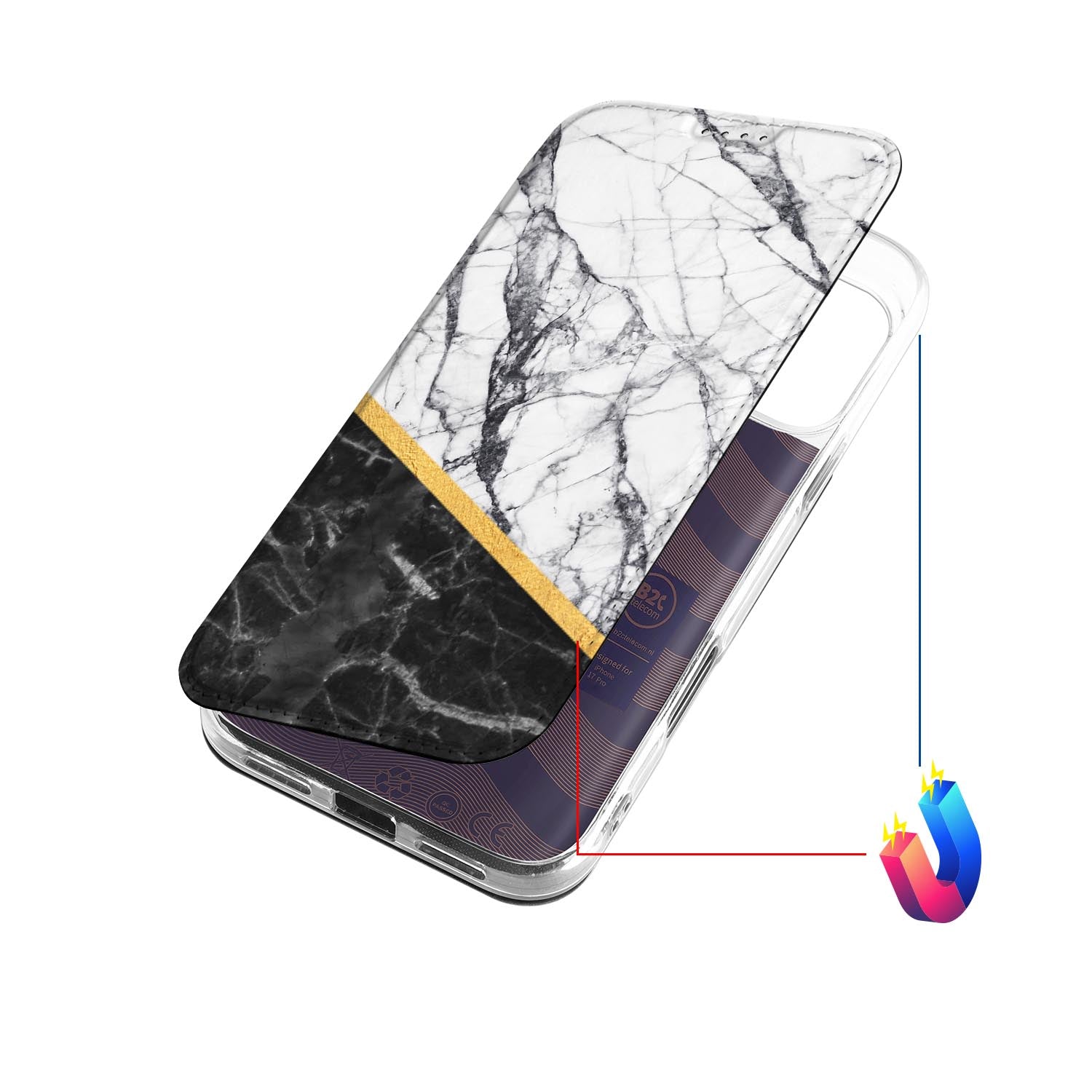 Book Case Apple iPhone 17 Pro Marble White Black design hoes aanzicht