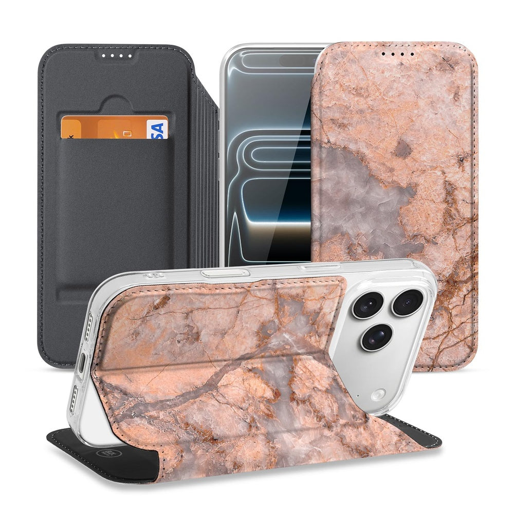 Bookcase Apple iPhone 17 Pro Marmer Oranje designcase voorkant achterkant detail