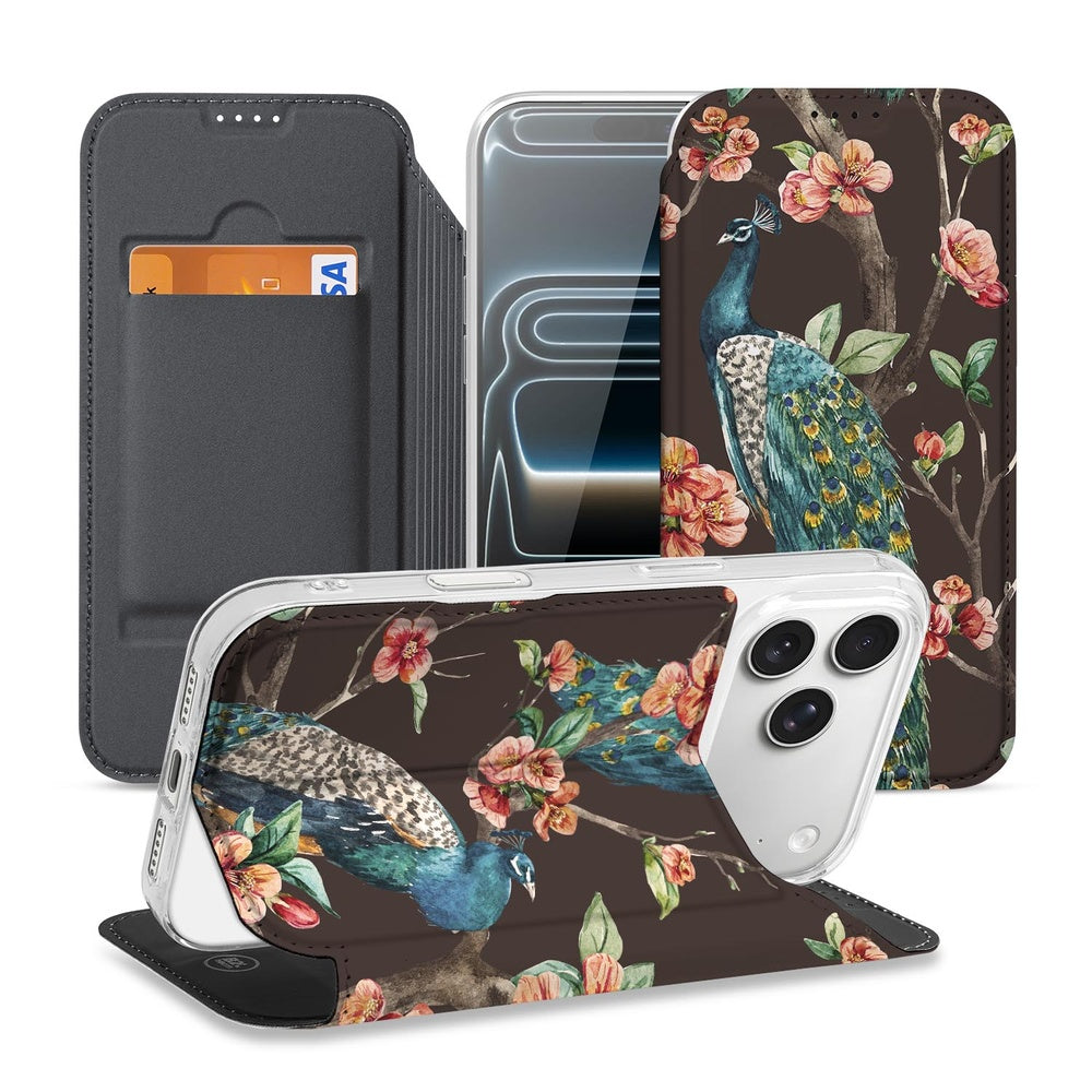 Book Cover Apple iPhone 17 Pro Pauw met Bloemen design pauw bloemen aanzicht