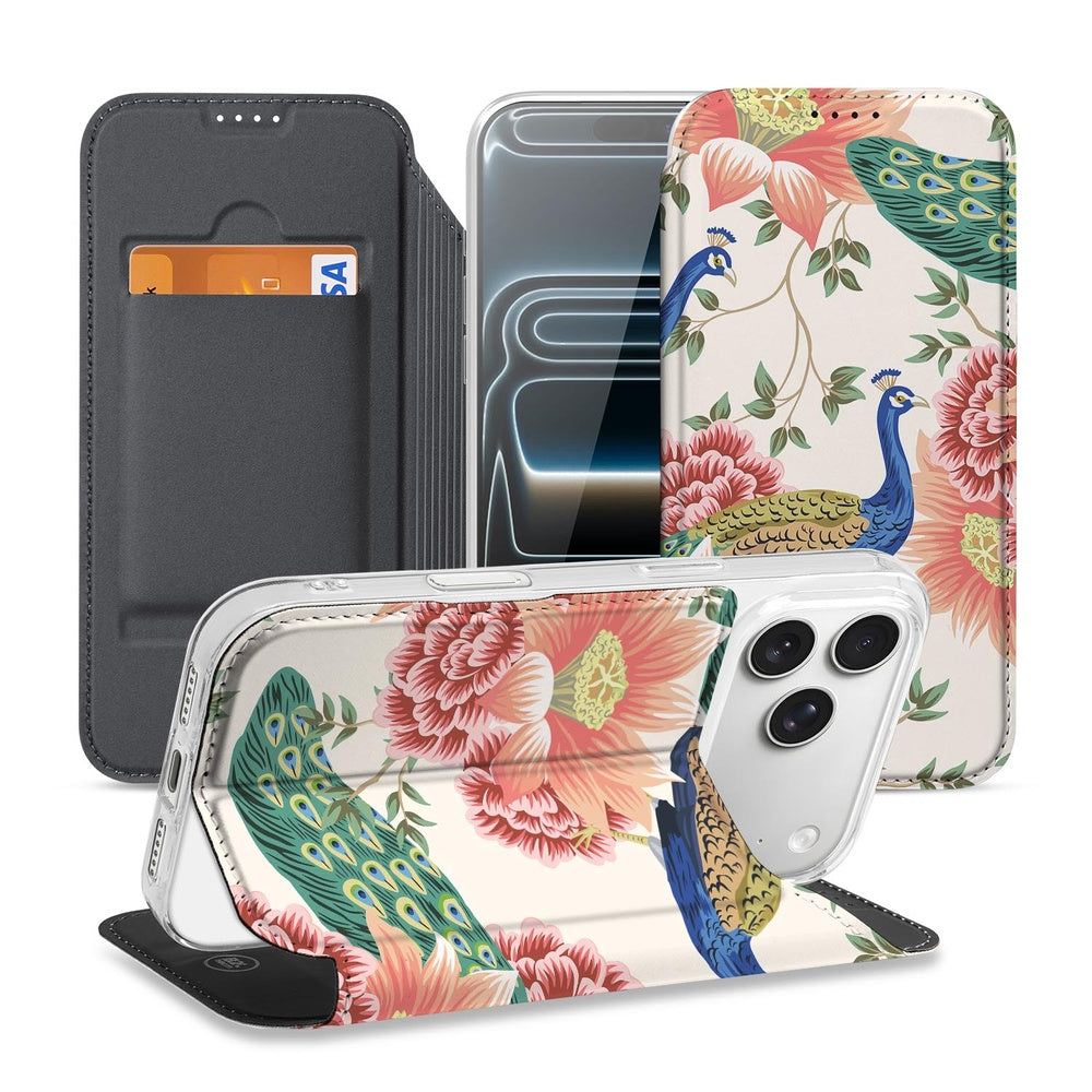 Apple iPhone 17 Pro Bookcase iPhone 17 Pro Pink Peacock design voorkant achterkant