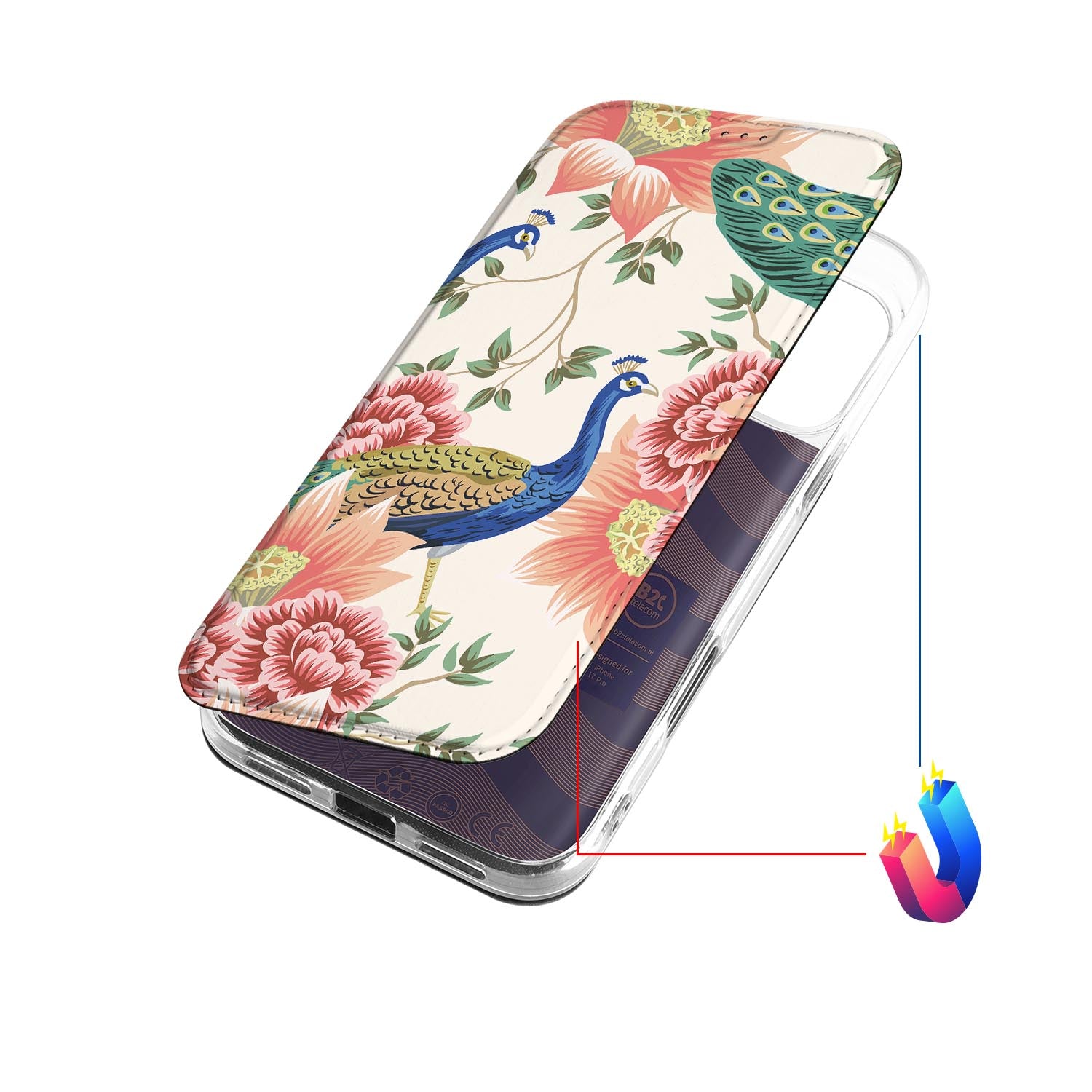Bookcase iPhone 17 Pro Pink Peacock hoesje pauwenmotief aanzicht
