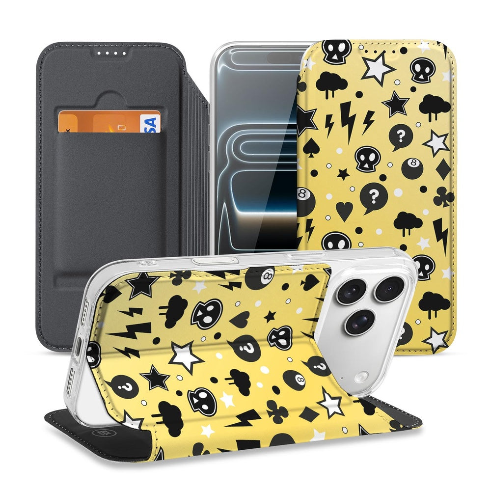 Book Case iPhone 17 Pro Punk Yellow design punk aanzicht