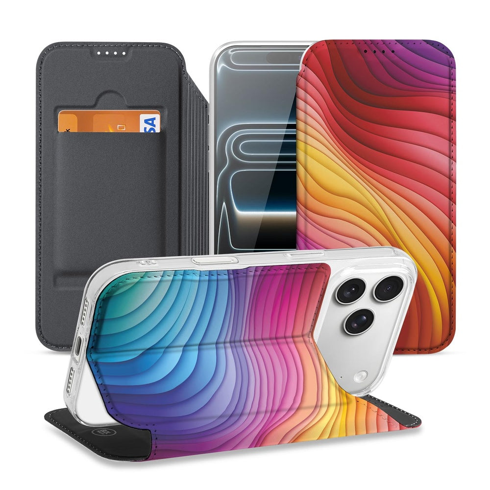 Book Cover Apple iPhone 17 Pro Regenboog design kleurvolle uitstraling aanzicht voorkant achterkant